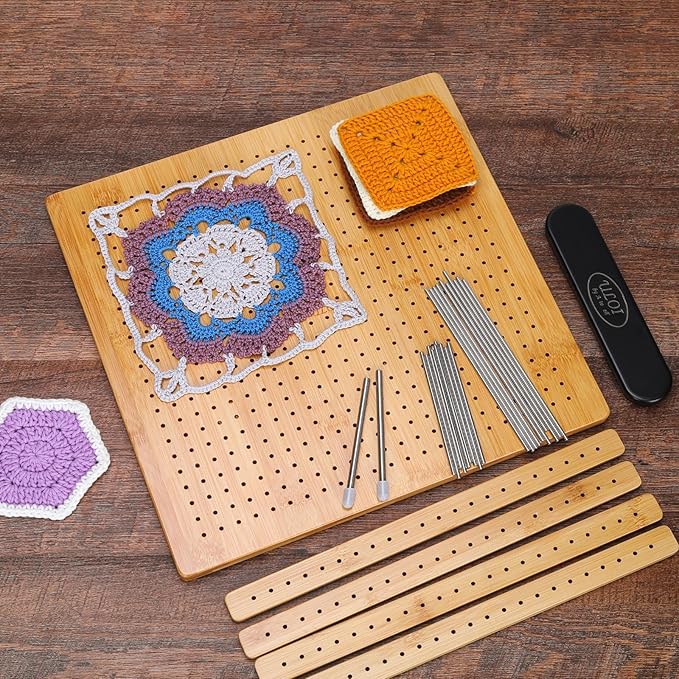 13”Crochet Blocking Board - Upgraded Style with 4 Tension Rods and 20 Pegs – Blocking Boards for Crochet Projects, Ideal for Granny Square Card Deck Users （Natural Colour）