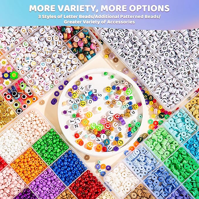 Goldwise Adult Jewelry Making Bead Set – 4 Storage Boxes with 48 Colors Clay & Glass Seed Beads, Letter Beads and Jewelry Findings for Bracelets, Necklaces & Accessories