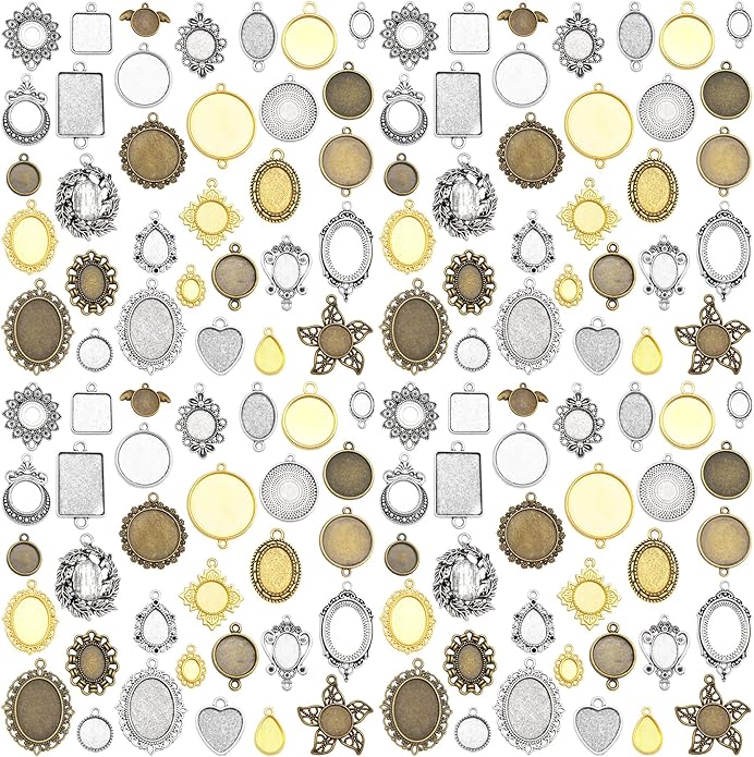 Assorted 60 Pieces Mini Size Blank Bezel Pendant Trays Antique Bronze Silver Golden 0.4-1.6 inches Alloy Cameo Setting for DIY Jewelry Making