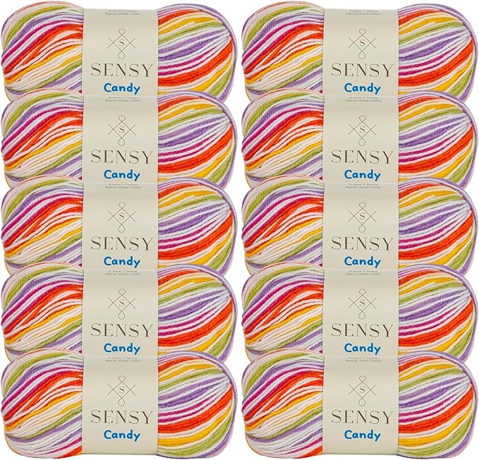 Sensy Candy Yarn - 10 Skeins, 3.5 oz, 251 Yards, Multicolor for Crocheting and Knitting, Light Gauge 3