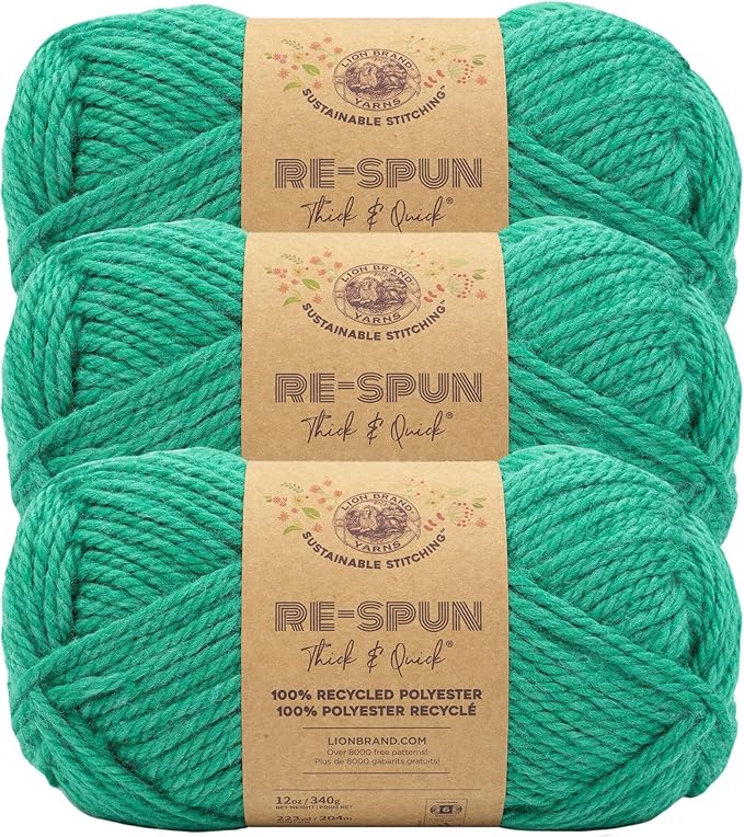 Lion Brand Yarn, Re-Spun Thick & Quick Super Bulky Yarn for Knitting, Crochet, and Crafts, Jade, 3 Pack, Soft Fiber for Chunky Blankets, Bulky Throws, and Cozy Sweaters