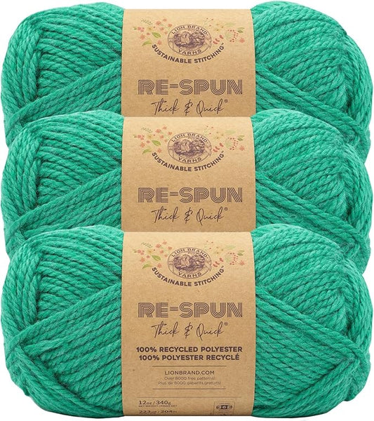 Lion Brand Yarn, Re-Spun Thick & Quick Super Bulky Yarn for Knitting, Crochet, and Crafts, Jade, 3 Pack, Soft Fiber for Chunky Blankets, Bulky Throws, and Cozy Sweaters