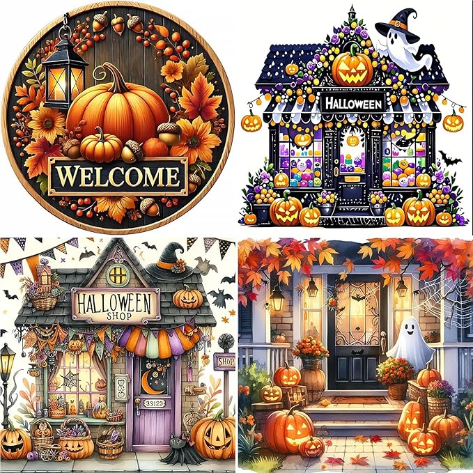 GUMITOON 4 Pack Halloween Diamond Art Kits for Adults-Full Drill Diamond Dots Paintings for Beginners, Round 5D Paint with Diamonds Pictures Gem Art Painting Kits DIY Crafts Kits 14"x14" QCY-122