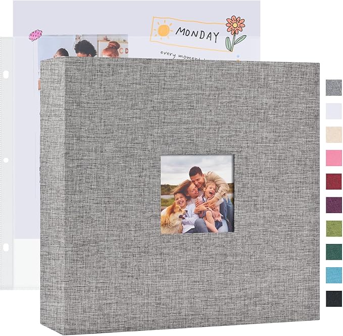 Mublalbum 12x12 Inch DIY Scrapbook Photo Album with 40 Plastic Sleeves 80 Pages Linen Cover 3 Ring Folder Binder for Wedding Baby Family and DIY Projects (Grey)