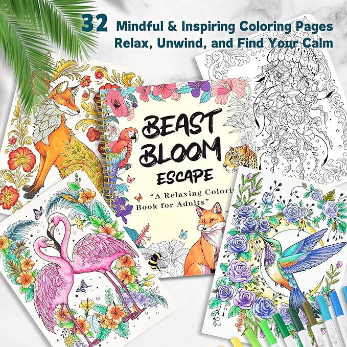 Adult Coloring Book Set with 36 Markers, Spiral Bound Floral & Animal Designs, Relaxing Creative Coloring Book for Adults, Valentine’s Gifts for Her