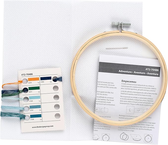 Dimensions 72-70486 Adventure Awaits Counted Cross Stitch Kit for Beginners, 6" Diameter, 14 Cnt. Aida, 5 Pieces