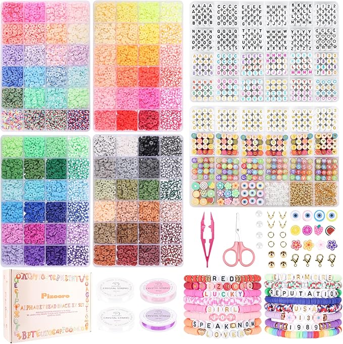 Pizooro Friendship Bracelet Kit with 96 Colors,13440 Clay Beads,1470 Letter Beads for Jewelry Making - 5 Styles of Round Alphabet, Number& Pattern Beads with 4 Elastic Strings, Crafts Gift for Teens