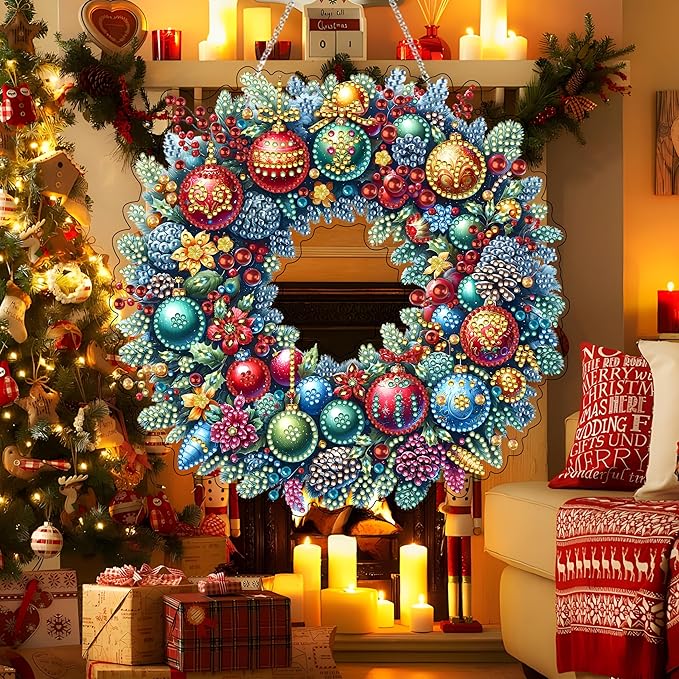 JJFox Diamond Art Hanging Kit for Adult,Special Shaped Rhinestone,Double Sided DIY Acrylic Diamond Art Painting Window Pendants Home Garden Wall Hanging Kits Hanging Ornament (Christmas wreath2)