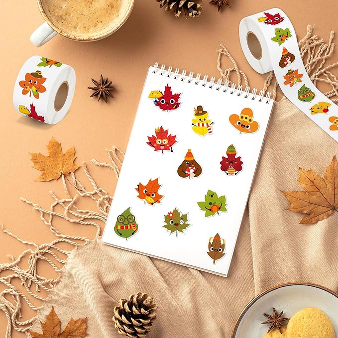 beyumi fall maple leaves sticker - 1000pcs fall cute leaf stickers in 2 rolls autumn thanksgiving adhesive maple leaf decals with expressions harvest party favor classroom office bottle decor for kids