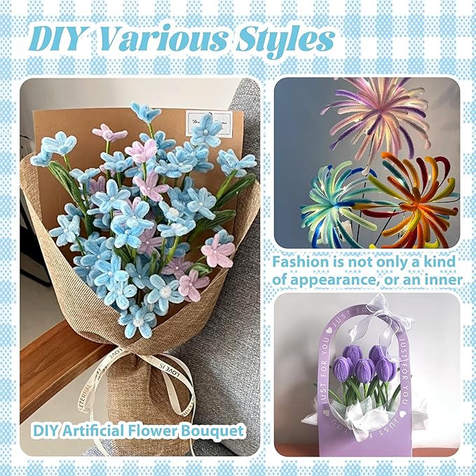 400 Pcs Thick Pipe Cleaners,Craft Supplies Floral Bonquet,DIY Flower Making Kit for Starter with Floral Wires, Gardening Tape,Stamen (Pink+Blue+Purple+Green)