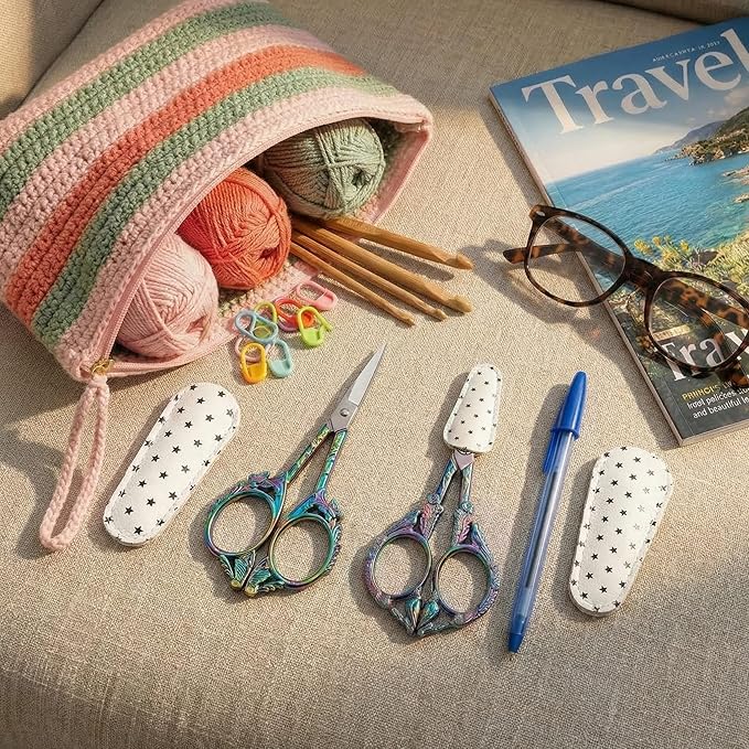 Crochet Scissors with Cover – Rainbow Vintage Small Embroidery Scissors, Sharp Butterfly Craft Scissors for Yarn Thread Sewing Needlework, Pretty Gift for Crocheter Quilter, 4.6 Inch