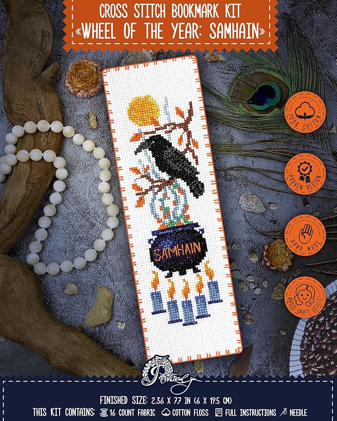 Povitrulya Cross Stitch Bookmark Kit Wheel of the Year: Samhain – Counted DIY Embroidery Set for Adults & Beginners, Witchy Pagan Wiccan Celtic Norse Needlework Gift