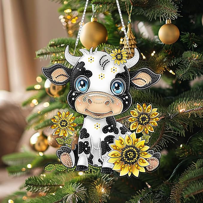 Yunzlly Hanging Diamond Art Ornament Double Sided Kit Smile Cow, Special Crystal Diamonds Painting Pendant for Adults, DIY Acrylic Gem Painting Board Kit