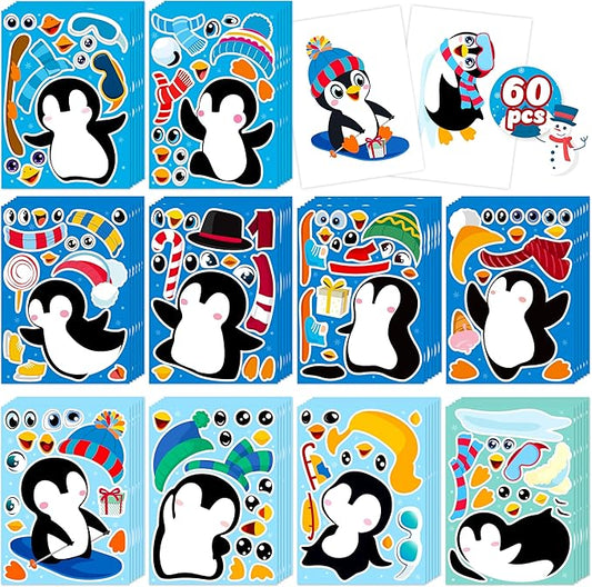 60sheets winter stickers crafts for kids - make-a-penguin face sticker- holiday gifts christmas goodie bag stuffer school classroom activity games party favors (small size)