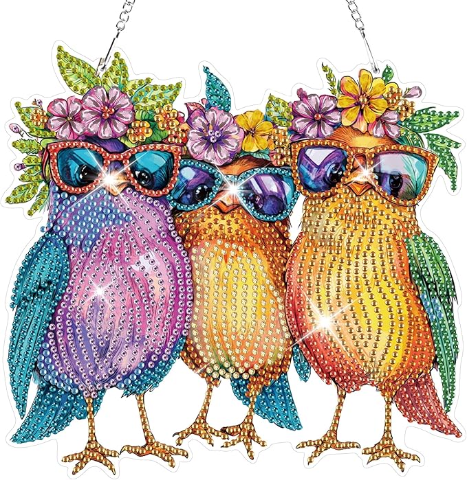 HEIBAGO Birds Hanging Diamond Art Kits for Adults, Fall Special Shaped Crystal Diamond Painting Ornament Kit, DIY Double-Sided Pattern Window Pendant Gem Art Kit for Home Wall Decor 8.3x8.3inch