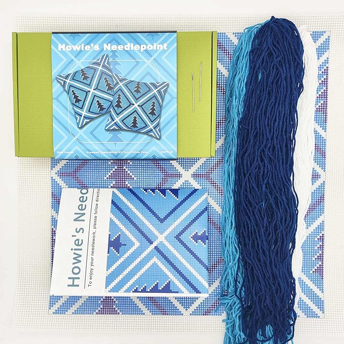 Howie's Needlepoint Needlepoint Kits for Adults, Pillow Front Cross Stitch Kit with Embroidery Pattern on Canvas, Yarn, 2 Needles and Instruction, 16 x 16inch(Blue Forest)