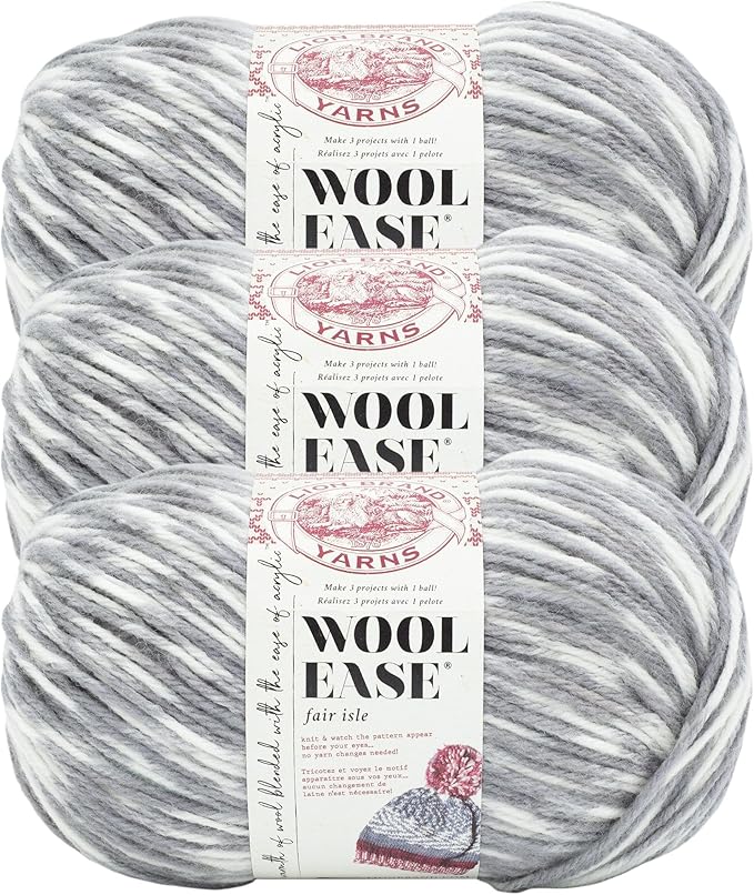 Lion Brand Yarn Wool Ease Fair Isle, Yarn for Knitting, Ice/Grey, 3 Pack
