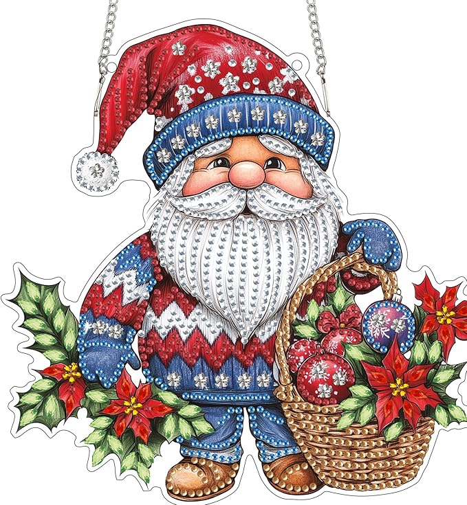 Reofrey Hanging Diamond Art Kits for Adults - 8x8 Inch Christmas Gnome Acrylic Board Double Sided Pattern Diamond Art Suncatcher Pendant, Crystal Art for Home Wall Window Decoration Handmade Gift