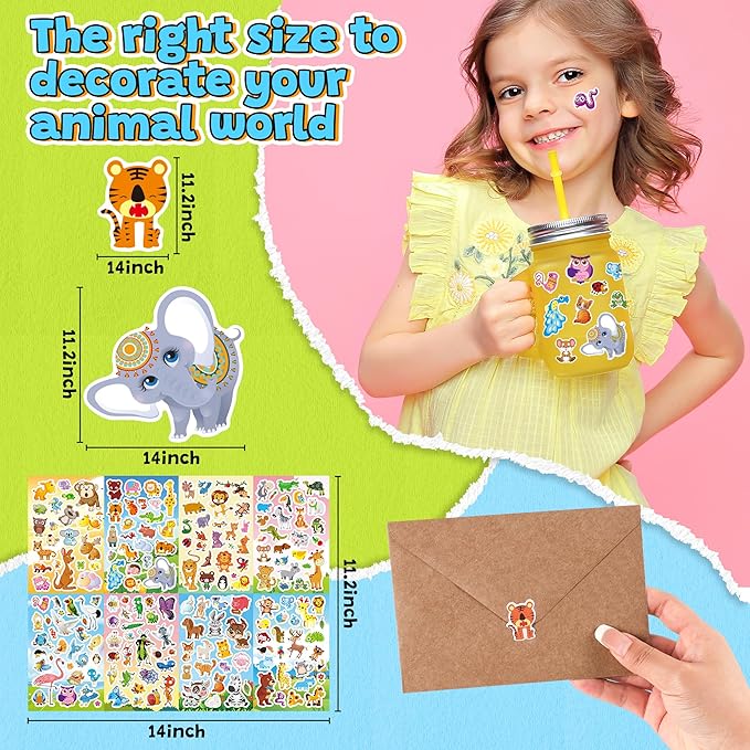 sinceroduct 64 sheets stickers for kids, 1800+pcs animal sticker, 16 animal themes water bottle stickers, scrapbooking party favors classroom for kids, children, teacher, parent
