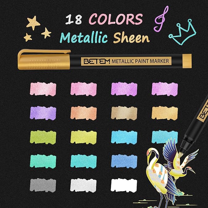 Betem Metallic Paint Markers, 18 Colors Acrylic Paint Metallic Markers for Black Paper, 2mm Medium Tips Glitter Pens Scrapbooking Supplies, Egg Decorating Kit, for Rock Painting, Cards, Photo Albums
