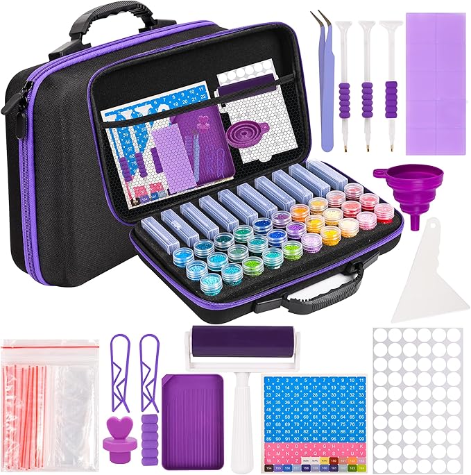 MERATIA Diamond Painting Storage Container, Diamond Art Kits for Adults Stackable Bead Organizer with Carrying Handle, Craft Storage Box with Accessories (Purple-10 Square+30 Round Bottles)