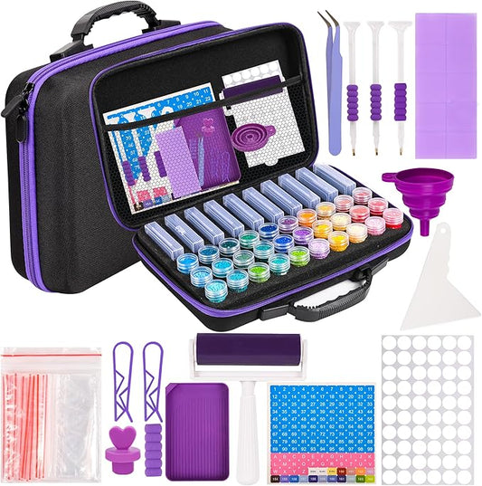 MERATIA Diamond Painting Storage Container, Diamond Art Kits for Adults Stackable Bead Organizer with Carrying Handle, Craft Storage Box with Accessories (Purple-10 Square+30 Round Bottles)