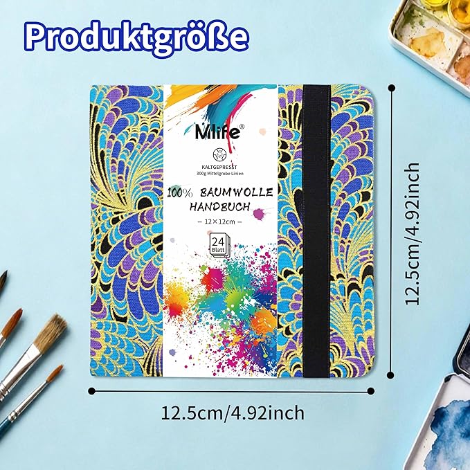 Mlife Square Watercolor Sketchbook,100% Cotton,300gsm/140lb,Acid-Free,Watercolor Journal for Artists Adults Students,4.7 * 4.7 Inches(Blue Feather)