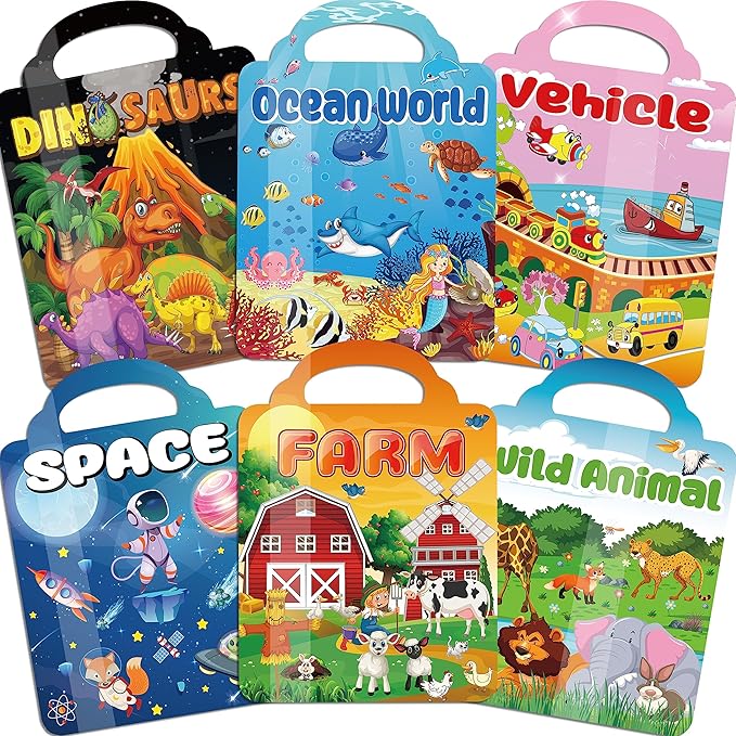 kalysky 6set puffy sticker books for kids 2-4, 3d reusable stickers books for toddlers 1-3 2-4,farm+animal+dinosaurs+ocean world+space+vehicle