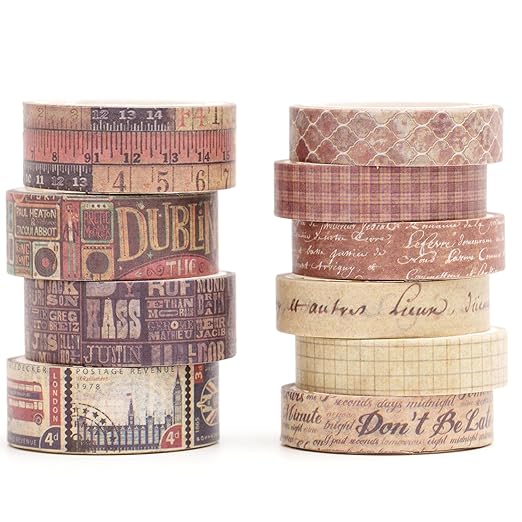 YUBBAEX 10 Rolls Vintage Washi Tape Set Basic Masking Retro Artwork Decorative Tapes for Arts, DIY Crafts, Journals, Planners, Scrapbook, Wrapping (Retro)