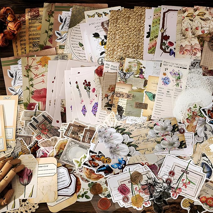 Teniinet 260 PCS Vintage Scrapbooking Supplies Aesthetic Journaling Kit,Large Collection for Bullet Junk Journals,Arts Craft Collage,Ephemera Adults,Beginners,Girls Teenage School Style(Flowers)