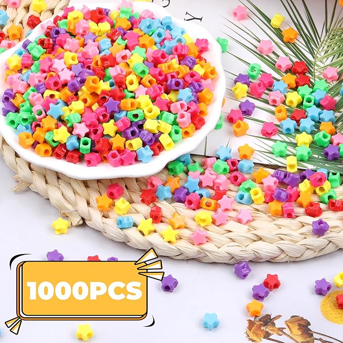 Star Pony Beads for Bracelets - 1000 Pcs, 6x9mm Plastic Stars in 8 Colors for Jewelry Making