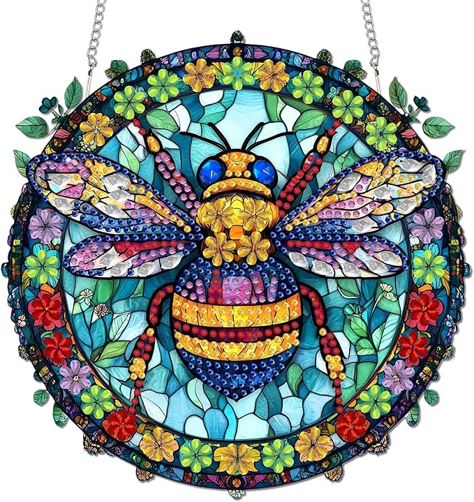 Reofrey Hanging Diamond Art Kits for Adults - 8x8 Inch Bee Acrylic Board Double Sided Pattern Diamond Painting Suncatcher Pendant, DIY Crystal Art for Home Wall or Window Decoration Handmade Gift