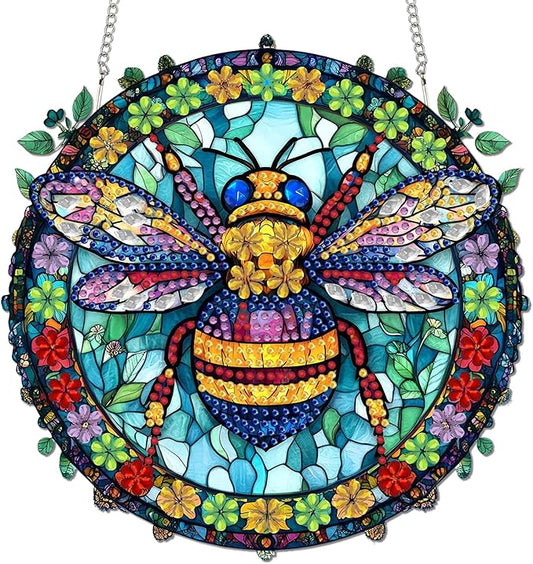 Reofrey Hanging Diamond Art Kits for Adults - 8x8 Inch Bee Acrylic Board Double Sided Pattern Diamond Painting Suncatcher Pendant, DIY Crystal Art for Home Wall or Window Decoration Handmade Gift