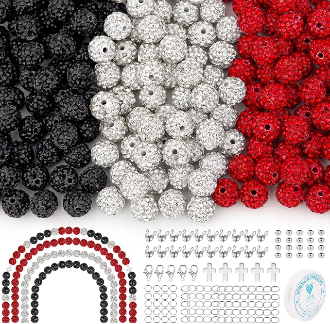 256Pcs 10mm Rhinestone Beads Kit for Bracelets, 3 Colors Round Disco Ball Sparkly Beads with Cross Charms and Accessories for DIY Baseball Necklaces Earrings Jewelry Making