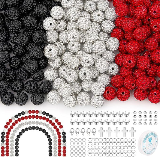 256Pcs 10mm Rhinestone Beads Kit for Bracelets, 3 Colors Round Disco Ball Sparkly Beads with Cross Charms and Accessories for DIY Baseball Necklaces Earrings Jewelry Making