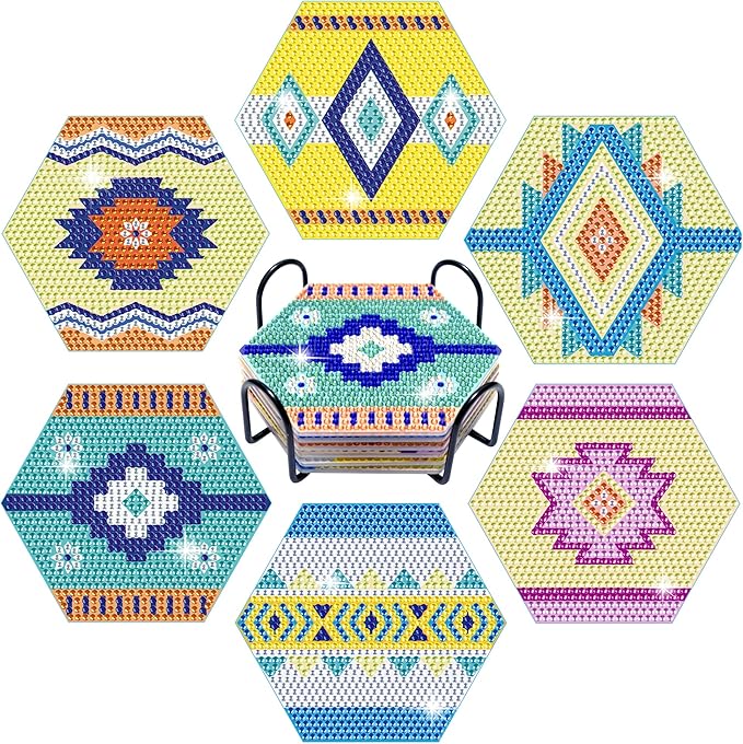 Vcekract Diamond Painting Coasters Kits, 6 Pieces Hexagon Diamond Painting Coasters with Holder, DIY Diamond Art for Adults, Diamond Painting Kit for Beginners