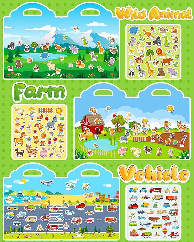 walenced reusable sticker book for toddlers, stickers for kids, toddler craft activities, toddler travel toys ages 3 and up boy girl birthday gifts