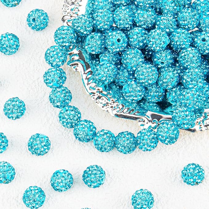100Pcs 10mm Aquamarine Rhinestone Beads for Jewelry Making, Shiny Round Disco Ball Sparkly Beads Bulk with 10-Grid Storage Box for DIY Baseball Necklaces Shamballa Bracelets