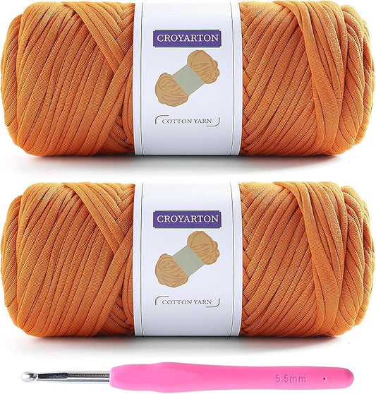 2 Pack T Shirt Yarn for Crocheting with 1 Crochet Hook, Elastic Tshirt Yarn for Crochet Bag/Baskets/Home Decor, Spaghetti Yarn Thick Knitting Yarn Total Length 130 Yds, Weight 14 Oz (Turmeric)