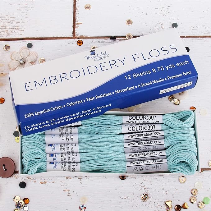 12 Skeins ThreadArt Premium Egyptian Long Fiber Cotton Embroidery Floss | Light Aqua | 6 Strand Divisible Thread 8.75yds Each for Hand Embroidery, Friendship Bracelets, Cross Stitch and Crafts