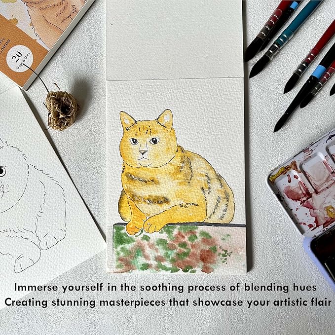 tumuarta Watercolor Coloring Book, 20 Unique Designs, 5x7”, 100% Cotton, 300GSM, 140 LB, Cold Press, Acid Free Watercolor Paper, Glue Bound Mixed Media Sketch Book (Dogs & Cats)