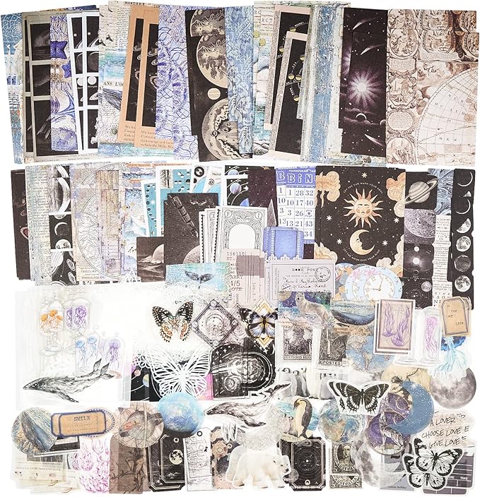 Knaid 200 Piece Vintage Ephemera Bundle - Paper & Sticker Kit for Junk Journaling, Scrapbooking, Planners, Bullet Journals, Collage, Decoupage - Black/Blue Tones