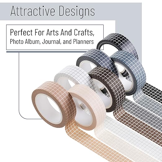 Mr. Pen- Grid Washi Tape Set, 7 Rolls, 0.6", Washi Tape for Journaling, Decorative Tape, Journaling Tape, Craft Tape, Scrapbooking Tape, Decorative Tape for Crafts, Decorative Craft Washi Masking Tape