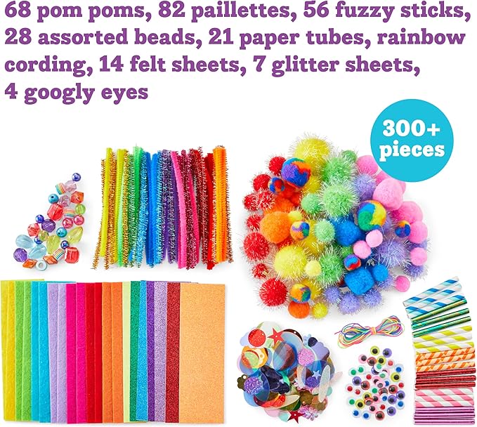 kid made modern rainbow craft kit - bulk arts & crafts supplies and materials for kids - 300+ pieces diy art box case for creative projects (ages 6+)