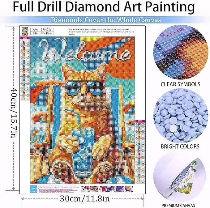 EIBEILI Cat Diamond Painting Kits for Adults, 5D Diamond Art Kits for Beginner, DIY Full Drill Round Diamond Dots Gem Art and Crafts for Home Decor and Gift 12x16 Inch