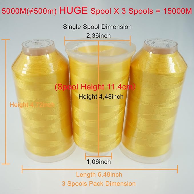 New brothreads - 40 Options- Various Assorted Color Packs of Polyester Embroidery Machine Thread Huge Spool 5000M for All Embroidery Machines -3xYellow
