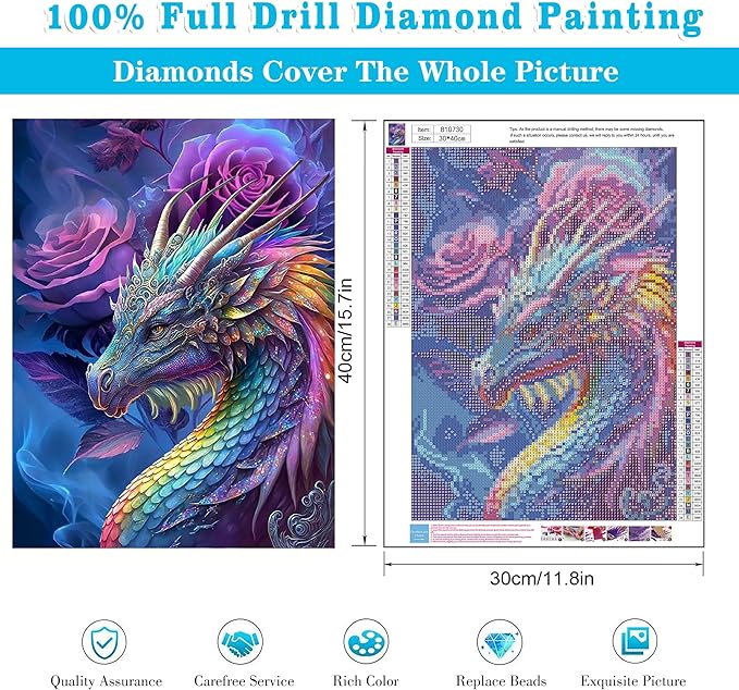Meothan 5D Diamond Painting Kits for Adults Rose Dragon Diamond Art Kits for Adults Full Drill Coloured Diamond Painting Dragon Kit for Beginners, DIY Gem Art Crafts for Home Wall Decor 12x16in