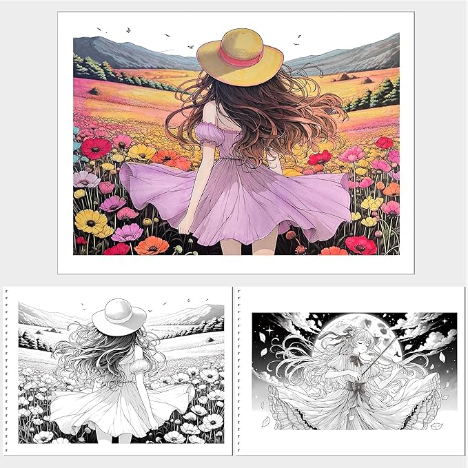VKYE Coloring Book - Anime Girls Character Adult Coloring Book for Woman & Adults, Markers Recommended, Thick Paper, Intricated Pattern & Details, Spiral Bound, Imagination, Anxiety and Depression