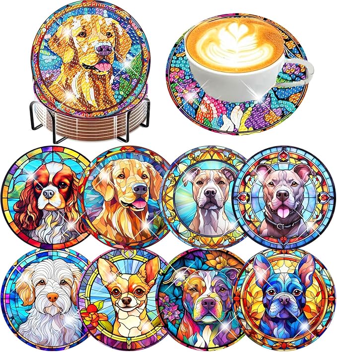 igoodom 8 Pcs Dog Diamond Art Coasters Kit with Holder, DIY Stained Glass Style Dog Diamond Painting Coasters for Beginners Adults, Non Slip Diamond Art Kits Craft Supplies 4x4in