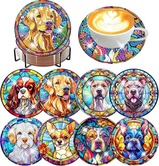 igoodom 8 Pcs Dog Diamond Art Coasters Kit with Holder, DIY Stained Glass Style Dog Diamond Painting Coasters for Beginners Adults, Non Slip Diamond Art Kits Craft Supplies 4x4in